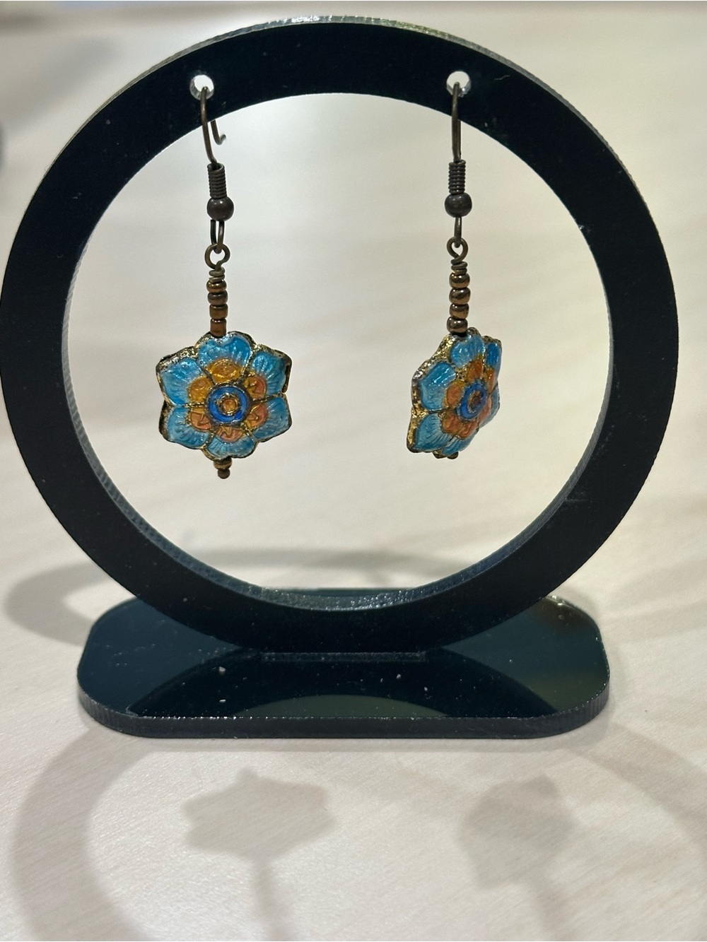 Vintage-Style Cloisonné Enamel Floral Drop Earrings (Unsigned)